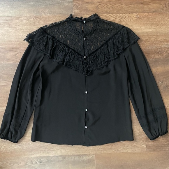 Rebecca Taylor Black Silk & Lace Top With Velvet Trim Size 2 - Picture 11 of 15